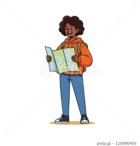 Young traveler holding map exploring with backpack in casual outfit vector illustration Young traveler holding map exploring with backpack in casual outfit vector illustration 128990403