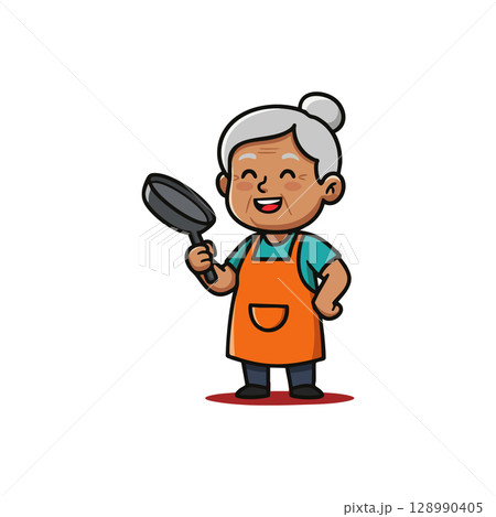 Elderly woman cooking with frying pan cheerful kitchen activity vector illustration Elderly woman cooking with frying pan cheerful kitchen activity vector illustration 128990405