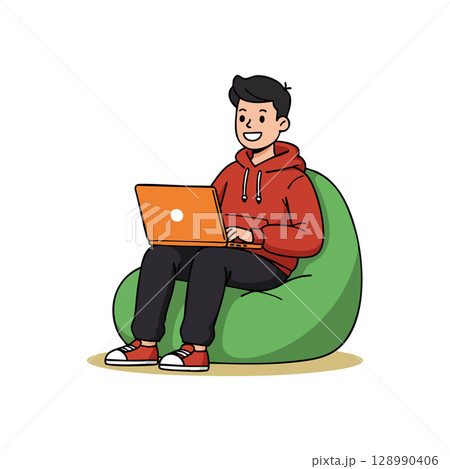 Young man sitting on green bean bag working on orange laptop casual lifestyle vector illustration 128990406