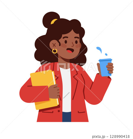 Woman holding glass of water and folder in red jacket vector illustration 128990418