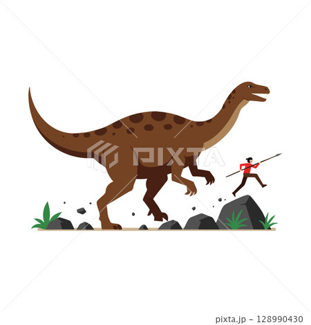 Dinosaur chasing human with spear prehistoric scene vector illustration Dinosaur chasing human with spear prehistoric scene vector illustration 128990430