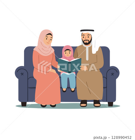 Muslim family reading book together on sofa in traditional clothing vector illustration Muslim family reading book together on sofa in traditional clothing vector illustration 128990452