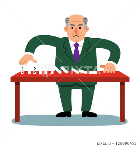 Angry businessman in green suit knocking down dominoes on table vector illustration 128990453