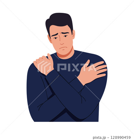 Man in navy blue sweater holding shoulders with sad expression vector illustration 128990459