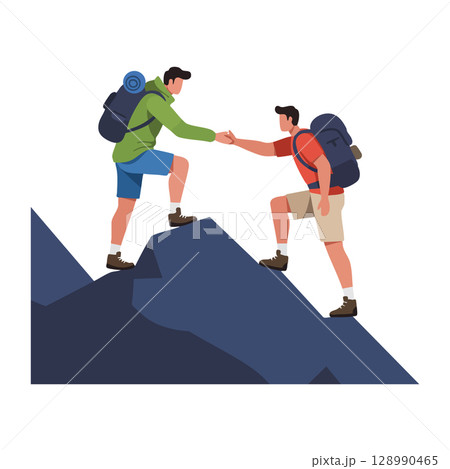 Two hikers helping each other climb mountain peak teamwork outdoor adventure vector 128990465