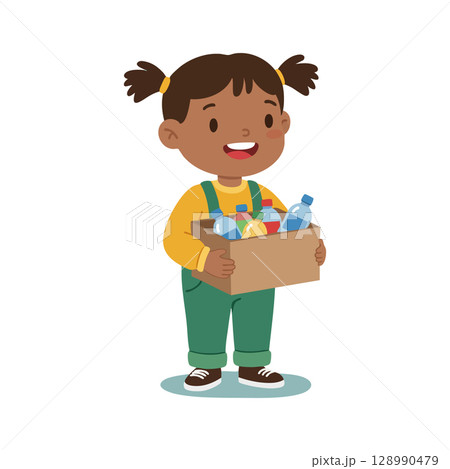 Young girl holding cardboard box with bottles smiling happy cheerful 128990479