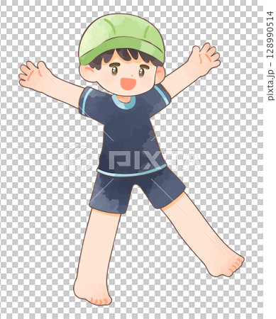 Boy in swimsuit raising his arms in the air Boy in swimsuit raising his arms in the air 128990514