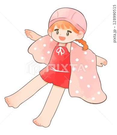 水着姿でタオルを肩にかけた子供 女の子 水着姿でタオルを肩にかけた子供 女の子 128990515