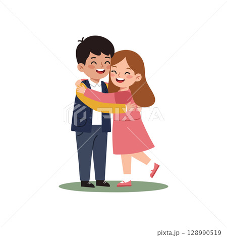 Children hugging happily boy and girl smiling together vector illustration Children hugging happily boy and girl smiling together vector illustration 128990519