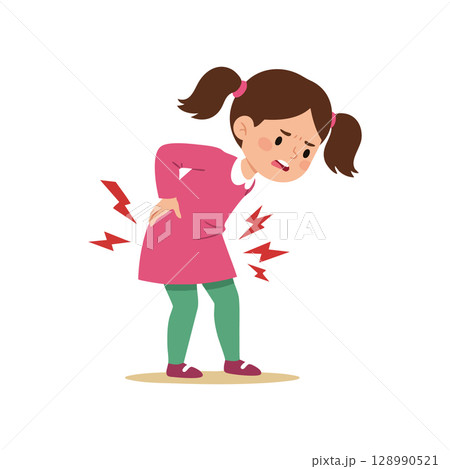 Little girl with back pain and discomfort in pink dress and green leggings vector illustration Little girl with back pain and discomfort in pink dress and green leggings vector illustration 128990521