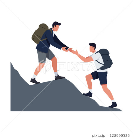 Two hikers helping each other climb mountain outdoor adventure teamwork vector illustration Two hikers helping each other climb mountain outdoor adventure teamwork vector illustration 128990526