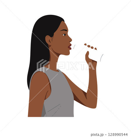 Woman drinking water from glass profile vector illustration natural tone 128990544