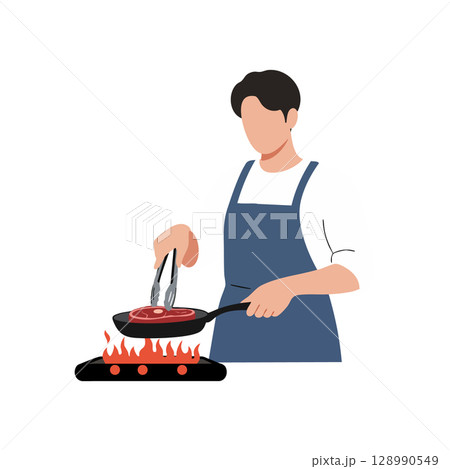 Man cooking steak on stove with tongs in kitchen wearing apron vector illustration Man cooking steak on stove with tongs in kitchen wearing apron vector illustration 128990549