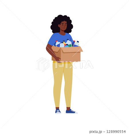 Woman carrying box full of plastic bottles for recycling and environmental care vector illustration Woman carrying box full of plastic bottles for recycling and environmental care vector illustration 128990554