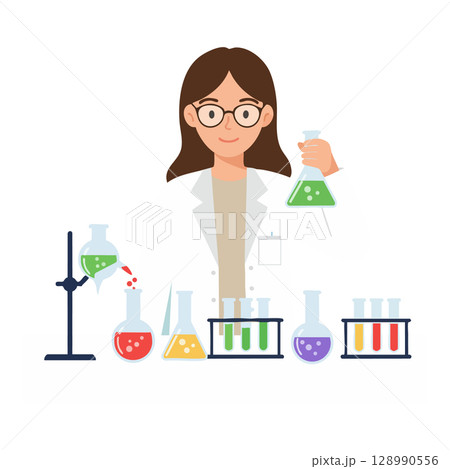 Female Scientist Mixing Colorful Chemicals in Laboratory with Glassware and Test Tubes Vector Illustration 128990556