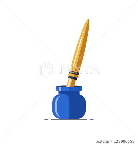 Ink pot with wooden pen vector illustration in blue and beige colors writing tool design Ink pot with wooden pen vector illustration in blue and beige colors writing tool design 128990559