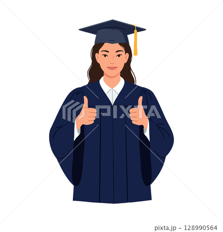 Female graduate student wearing navy blue gown and mortarboard showing thumbs up gesture vector illustration 128990564