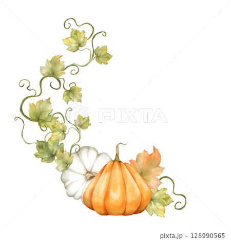 Watercolor Autumn Pumpkins Corner Illustration with Fall Leaves. Ideal for Harvest Designs. 128990565