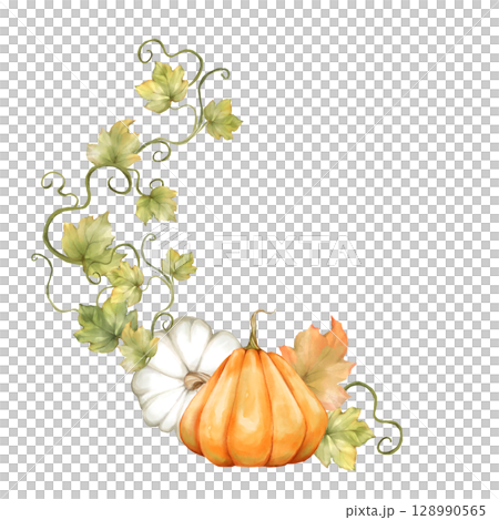 Watercolor Autumn Pumpkins Corner Illustration with Fall Leaves. Ideal for Harvest Designs. 128990565