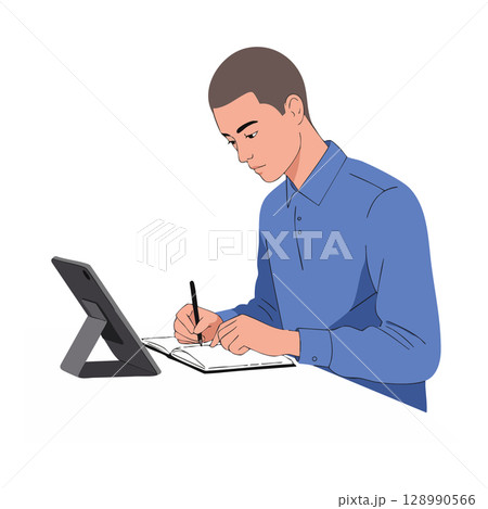 Young man in blue shirt writing notes using tablet and notebook vector illustration 128990566