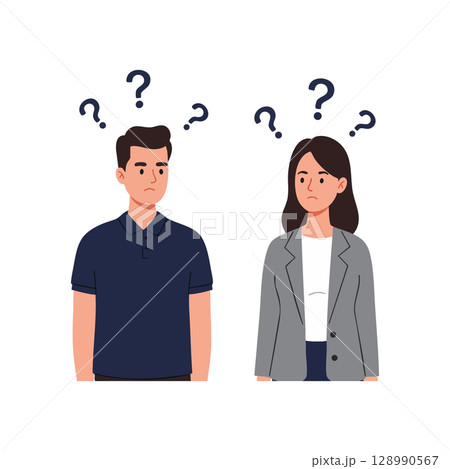 Confused man and woman with question marks vector illustration in thoughtful expressions 128990567