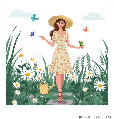 Woman in floral dress with hat walking in garden surrounded by butterflies and daisies vector illustration 128990575
