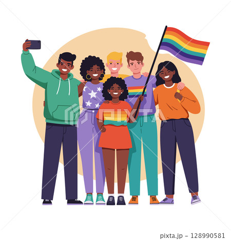Diverse group of people holding rainbow pride flag taking selfie vector illustration 128990581