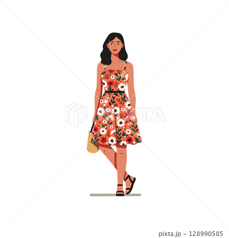 Woman wearing floral red dress with black sandals and beige bag standing vector illustration 128990585
