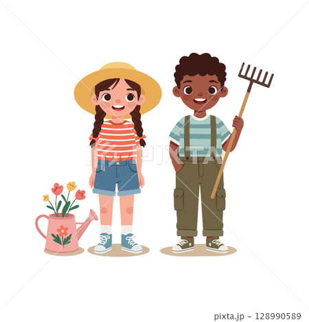 Children gardening with rake and watering can in casual summer clothes vector illustration 128990589