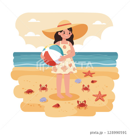 Girl holding beach ball on sandy sea shore with crabs and starfish vector illustration 128990591