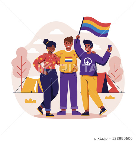 Diverse group celebrating pride with rainbow flag at outdoor camping site vector illustration Diverse group celebrating pride with rainbow flag at outdoor camping site vector illustration 128990600