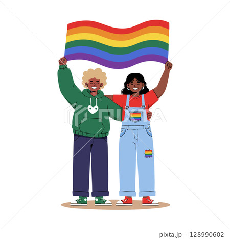 Two diverse people holding rainbow pride flag celebrating LGBTQ+ community together Two diverse people holding rainbow pride flag celebrating LGBTQ+ community together 128990602