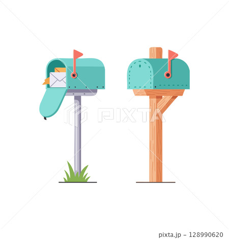 Blue Mailbox with Flag and Letter on Metal and Wooden Posts Vector Illustration Blue Mailbox with Flag and Letter on Metal and Wooden Posts Vector Illustration 128990620