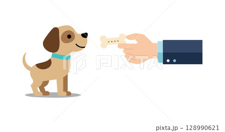 Small brown puppy waiting for bone treat from human hand vector illustration Small brown puppy waiting for bone treat from human hand vector illustration 128990621