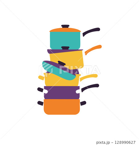 Stack of colorful cooking pots with lids and handles in flat design vector illustration 128990627