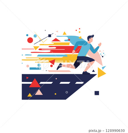Man running fast with dynamic geometric shapes and colorful abstract elements vector illustration 128990630