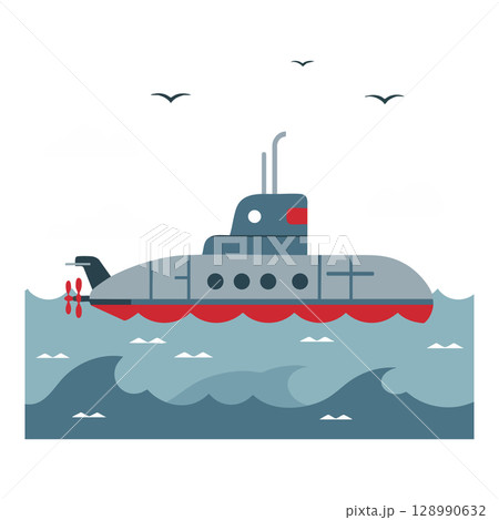 Submarine sailing in ocean waves with seagulls above in simple vector illustration Submarine sailing in ocean waves with seagulls above in simple vector illustration 128990632