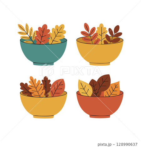 Bowls with autumn leaves in warm colors seasonal fall decoration vector set 128990637