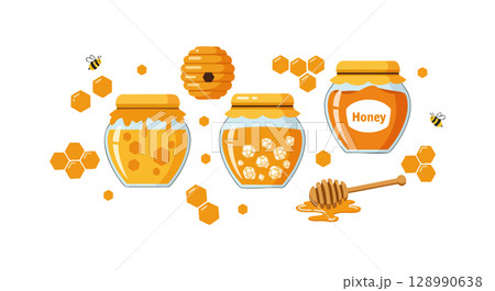 Honey jars with honeycomb bees and dipper vector illustration in orange and yellow colors Honey jars with honeycomb bees and dipper vector illustration in orange and yellow colors 128990638