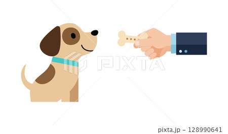 Dog with collar looking at hand offering bone treat vector illustration 128990641