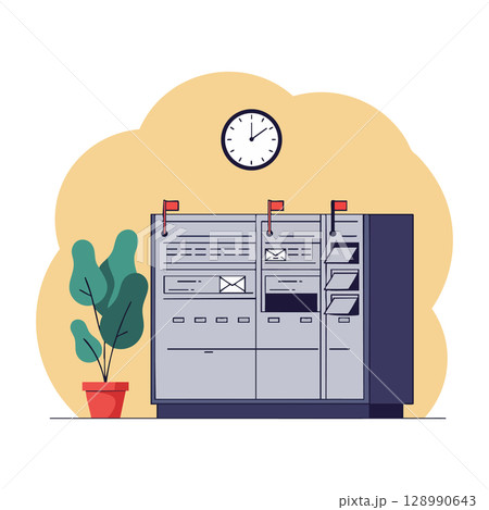 Mailbox system with clock and potted plant illustration in modern style office interior Mailbox system with clock and potted plant illustration in modern style office interior 128990643