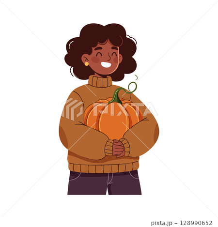 Woman holding large orange pumpkin in cozy sweater autumn harvest vector illustration Woman holding large orange pumpkin in cozy sweater autumn harvest vector illustration 128990652