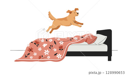 Happy dog jumping on bed with floral blanket in cozy bedroom vector illustration 128990653
