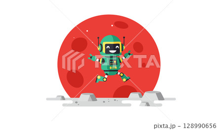Cute green robot jumping on moon surface with red planet background vector illustration 128990656