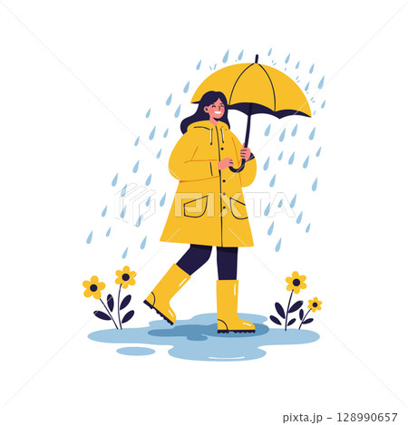 Woman walking with yellow umbrella and raincoat during rainy weather vector illustration Woman walking with yellow umbrella and raincoat during rainy weather vector illustration 128990657