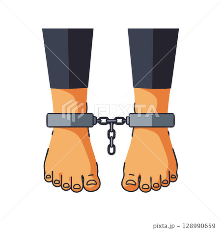 Human Feet Bound in Metal Shackles Connected by Chain Illustration Vector 128990659