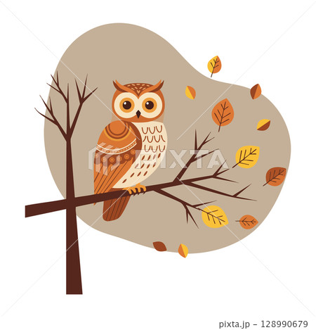 Brown owl perched on tree branch with autumn leaves vector illustration natural scene 128990679
