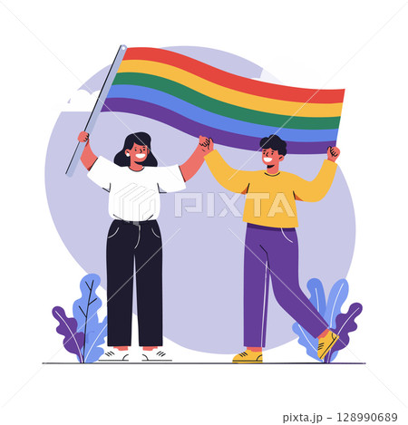 Two People Holding Rainbow Flag Celebrating LGBTQ Pride and Equality Together 128990689