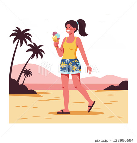 Woman walking on beach eating ice cream summer scene with palm trees and hills vector illustration Woman walking on beach eating ice cream summer scene with palm trees and hills vector illustration 128990694