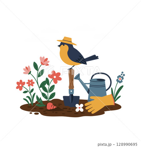 Garden bird perched on shovel with watering can, flowers, and gardening gloves vector illustration 128990695